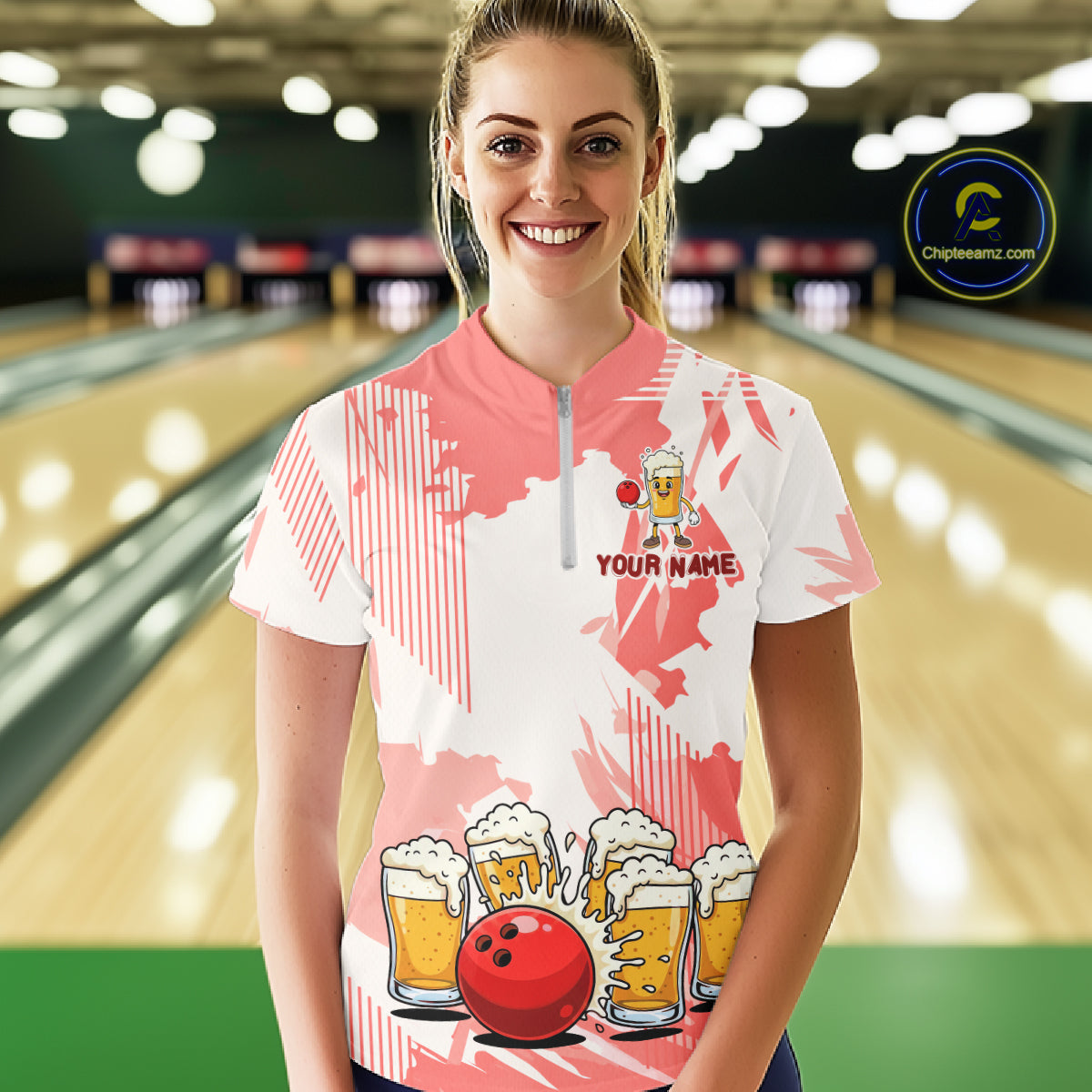 Beer Bowling Shirts Coral Pink for Team Women Men Custom Bowling Polo & 1/4 Zip Shirt MBL245