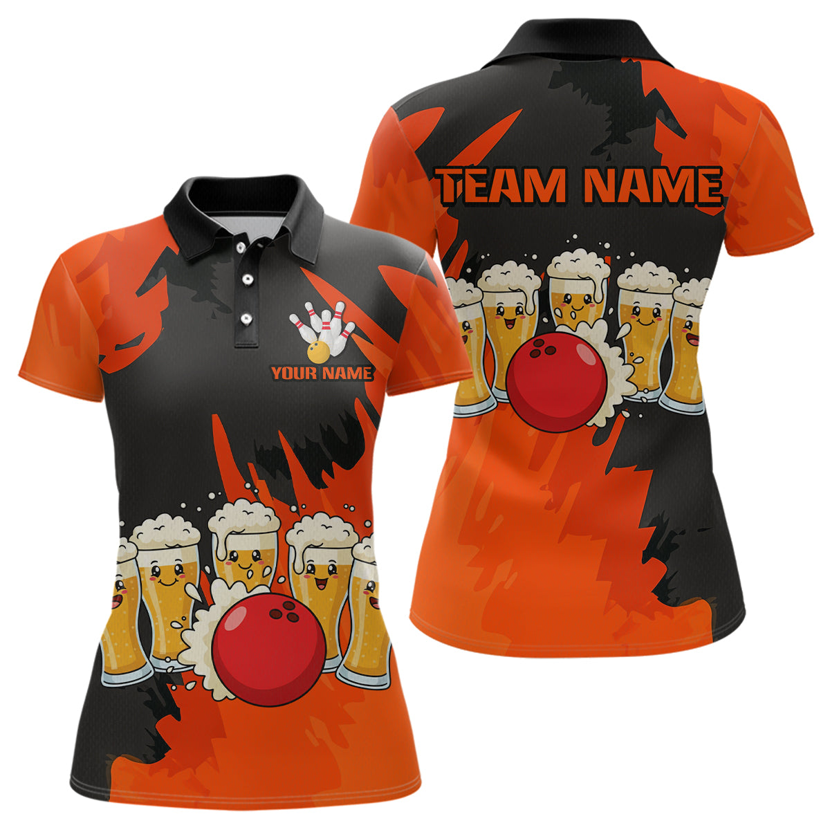 Funny Beer Bowling Shirts Orange for Women Men Team Bowling Polo & 1/4 Zip Shirts MBL251