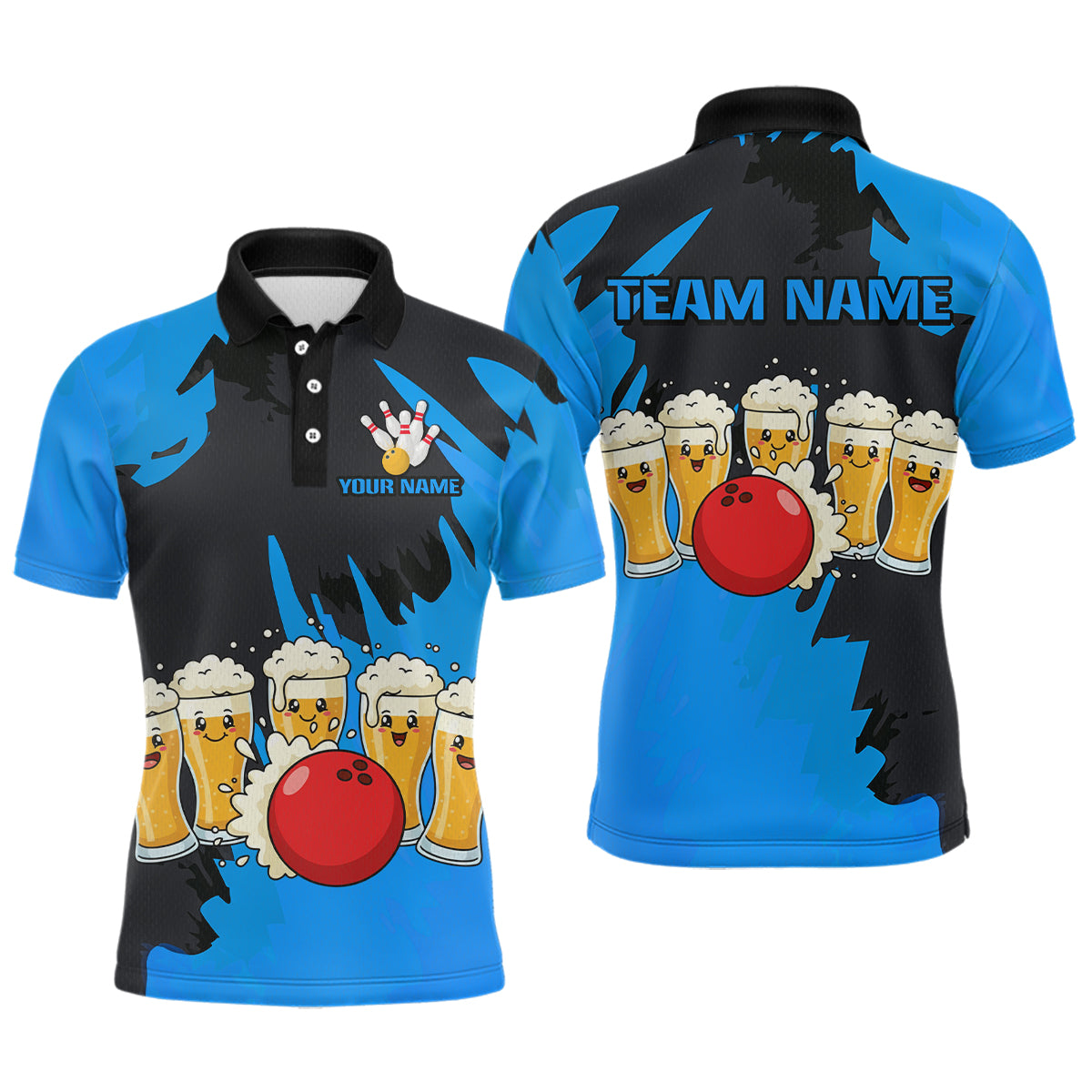 Funny Beer Bowling Shirts Blue for Women Men Team Bowling Polo & 1/4 Zip Shirts MBL251