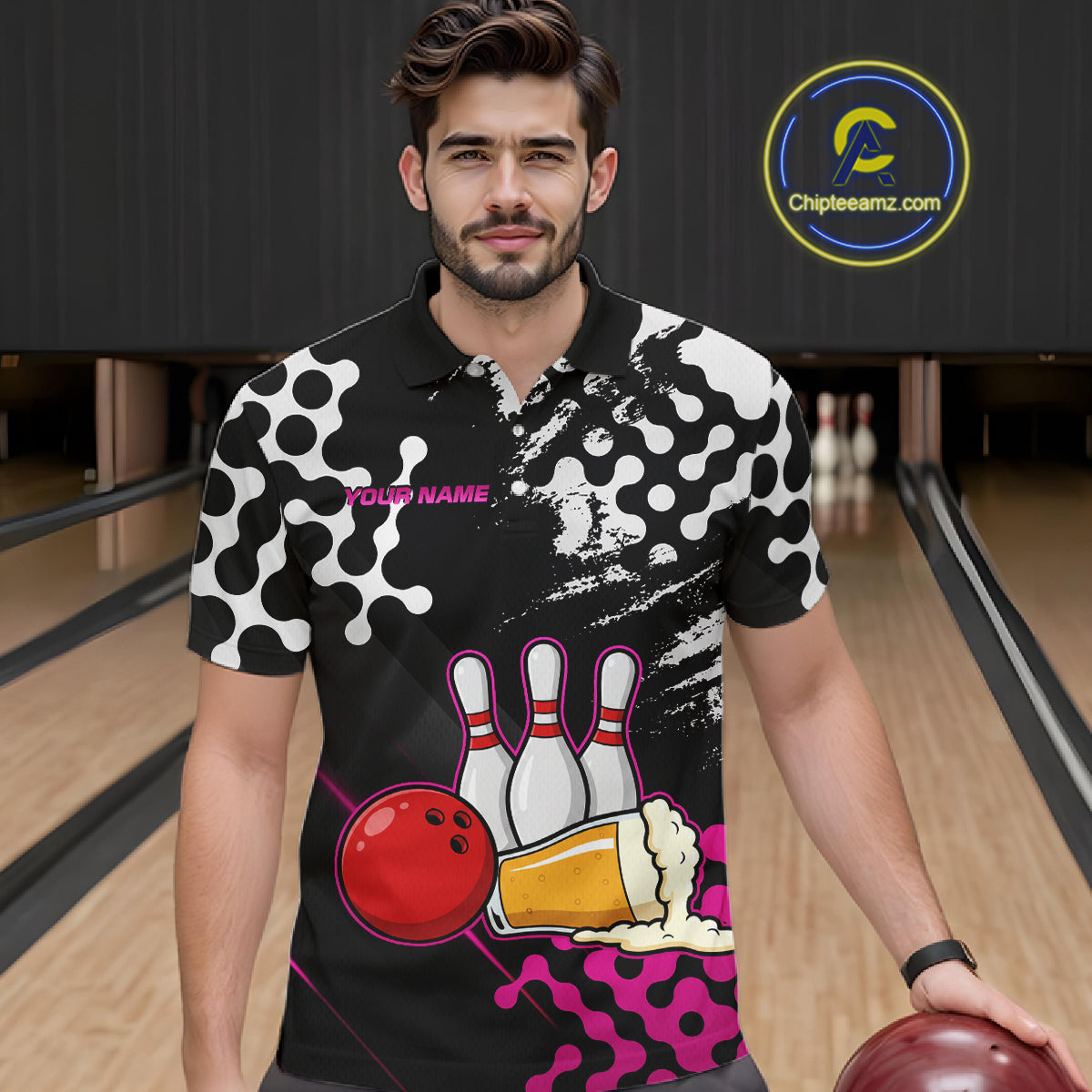 Pink Beer Bowling Shirts for Team Women Men Beer Bowling Polo&1/4 Zip Bowl League MBL255