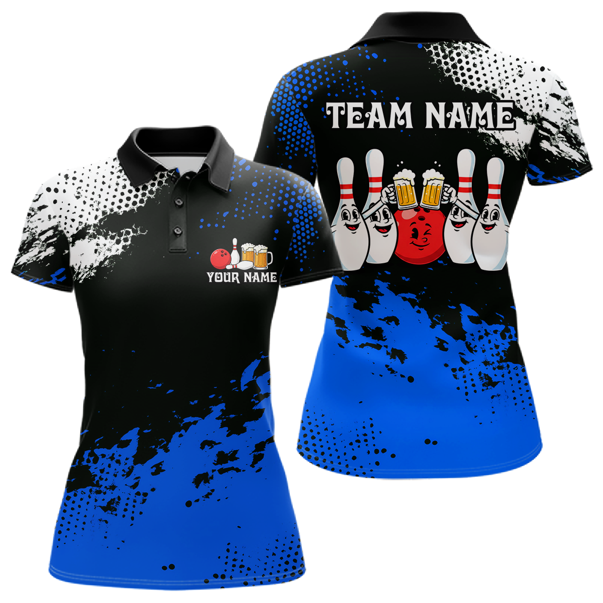 Blue Funny Beer Bowling Shirts for Team Women Men Bowling Polo&1/4 Zip Bowl League MBL254
