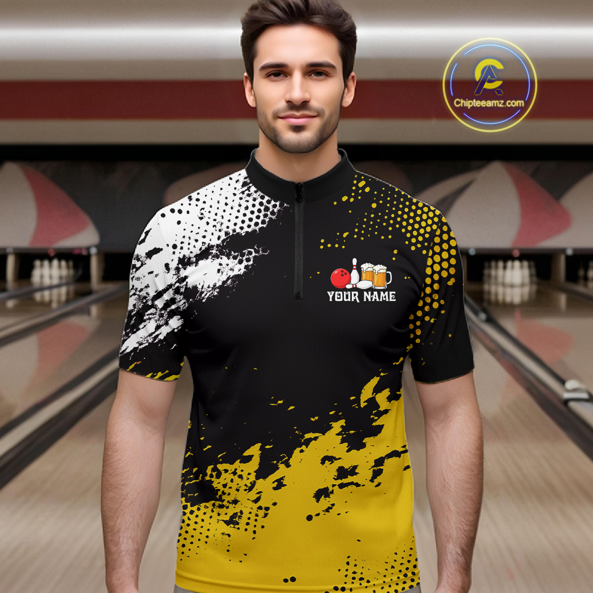 Yellow Funny Beer Bowling Shirts for Team Women Men Bowling Polo&1/4 Zip Bowl League MBL254