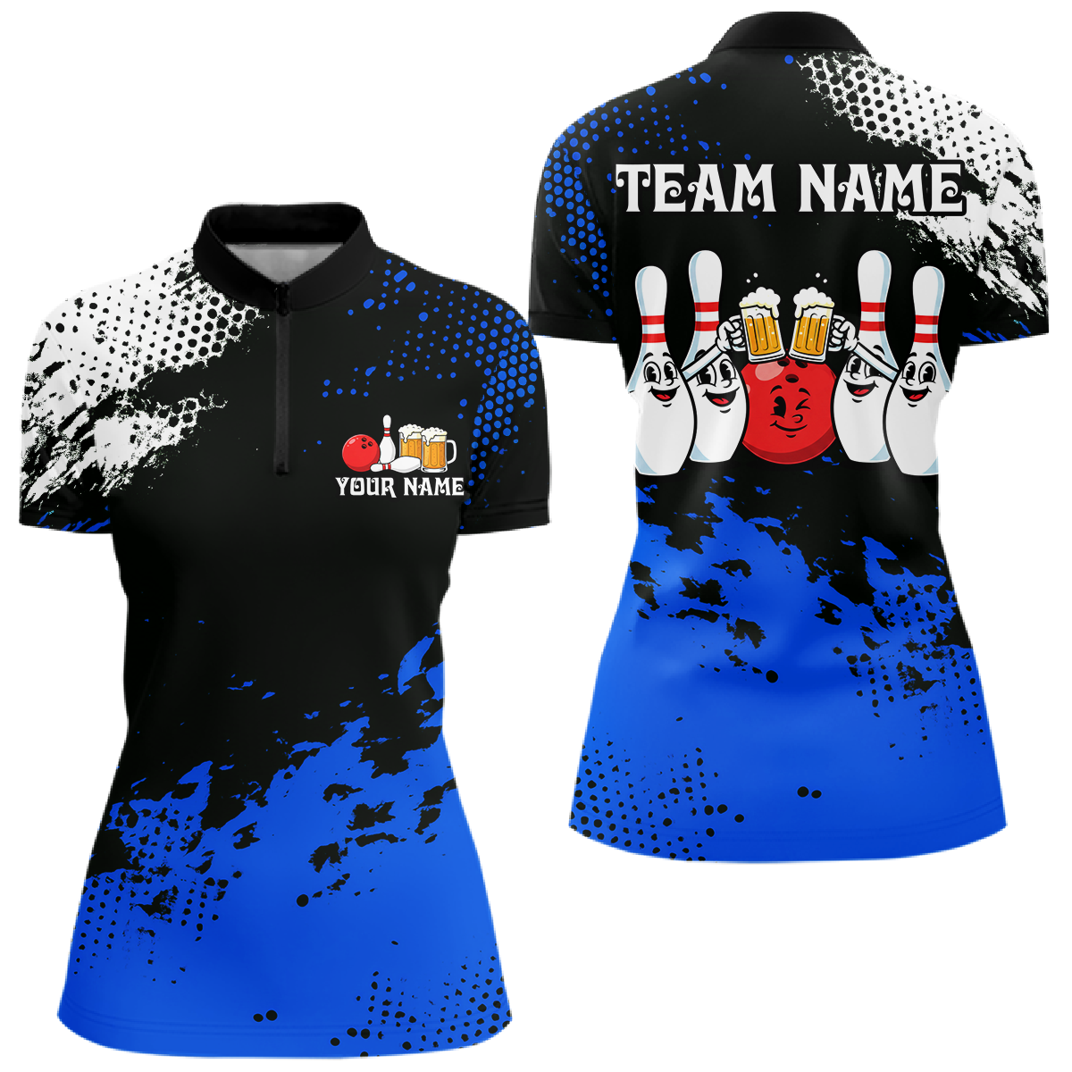 Blue Funny Beer Bowling Shirts for Team Women Men Bowling Polo&1/4 Zip Bowl League MBL254