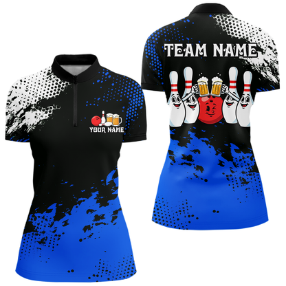Blue Funny Beer Bowling Shirts for Team Women Men Bowling Polo&1/4 Zip Bowl League MBL254