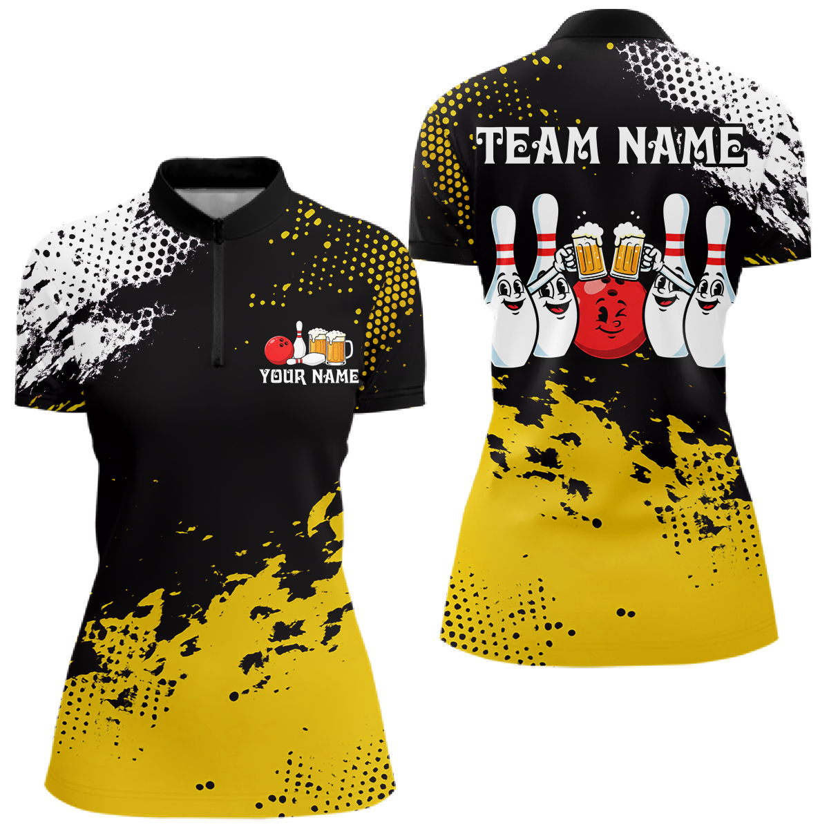 Yellow Funny Beer Bowling Shirts for Team Women Men Bowling Polo&1/4 Zip Bowl League MBL254