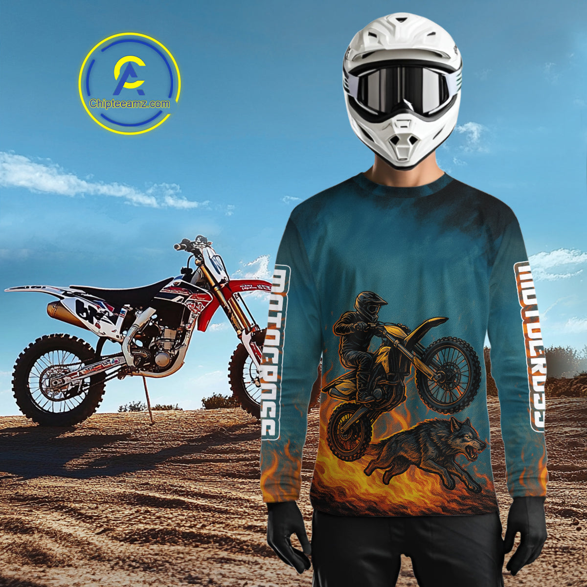 Blue Wolf Motocross Jersey Custom Flaming Wolf Dirt Bike Shirts for Men Kid Women XM404