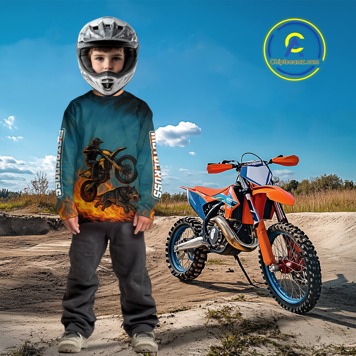 Blue Wolf Motocross Jersey Custom Flaming Wolf Dirt Bike Shirts for Men Kid Women XM404