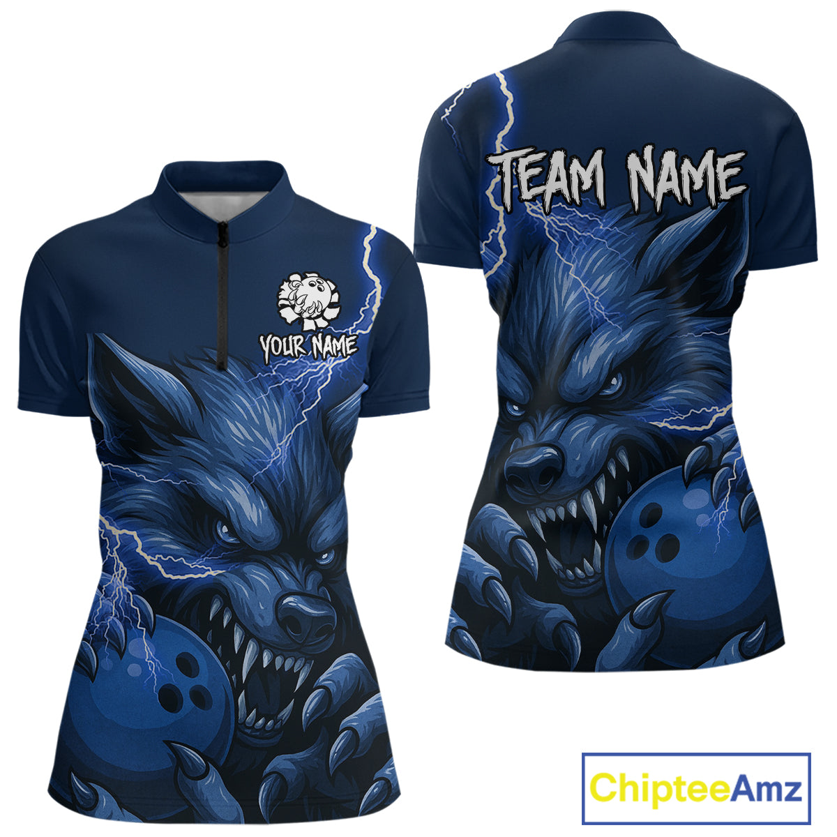 Wolf Bowling Shirts for Team Women Men Custom Blue Wolf Bowling Polo and 1/4 Zip MBL191