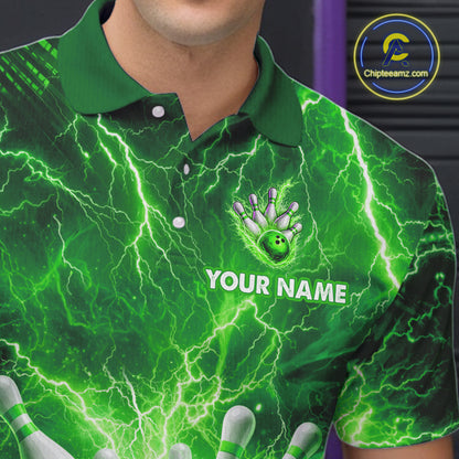 Green Lightning Bowling Shirts for Team Women Men Custom Bowling Polo & 1/4 Zip Shirt MBL241