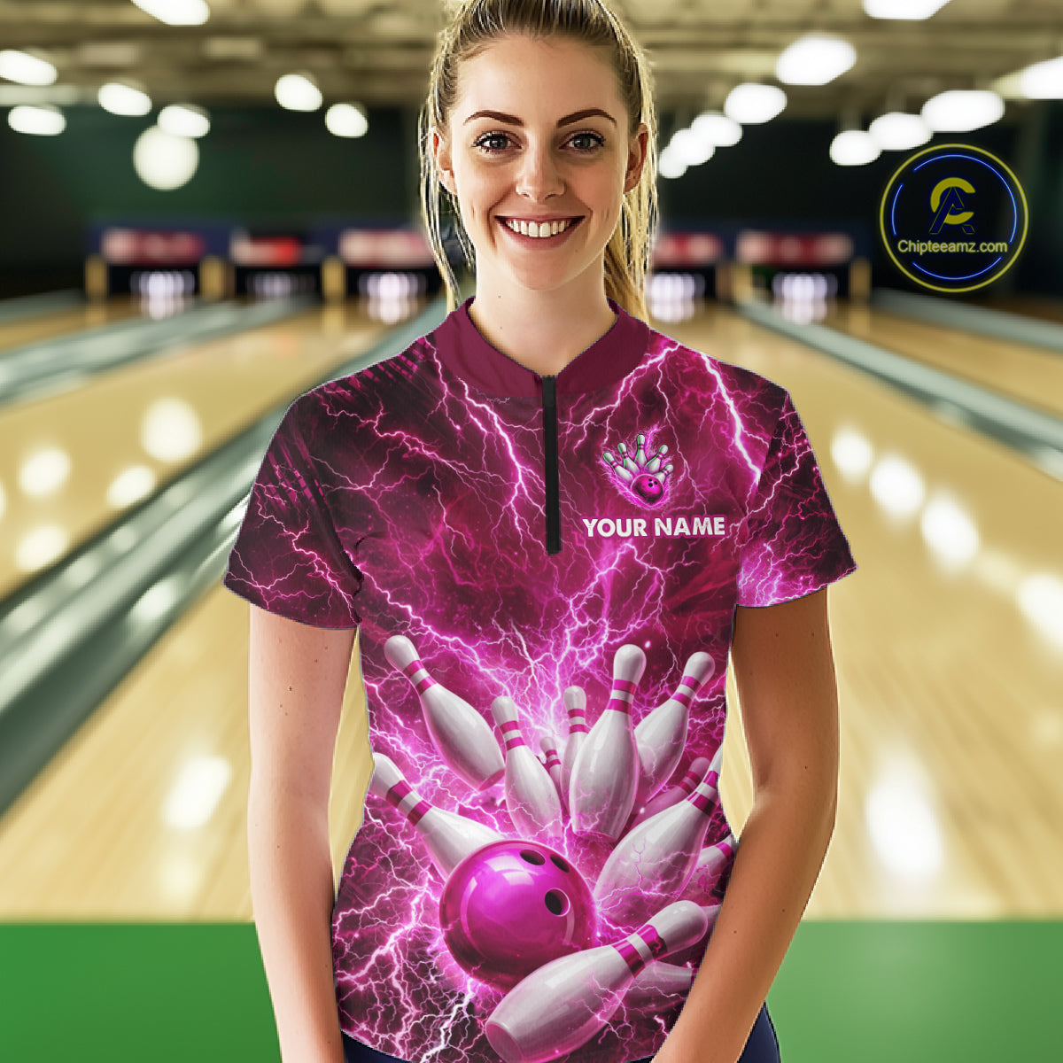 Pink Lightning Bowling Shirts for Team Women Men Custom Bowling Polo & 1/4 Zip Shirt MBL241