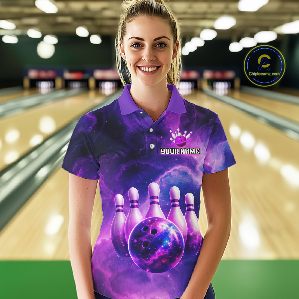 Galaxy Purple Bowling Shirts Yellow for Team Women Men Bowling Polo & 1/4 Zip Shirt MBL246