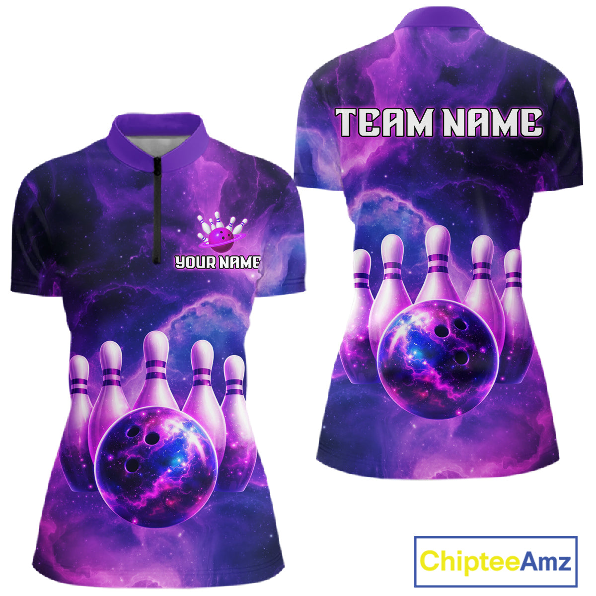 Galaxy Purple Bowling Shirts Yellow for Team Women Men Bowling Polo & 1/4 Zip Shirt MBL246