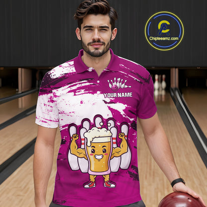Pink Funny Beer Bowling Shirts for Women Men Team Bowling Polo&1/4 Zip Bowl League MBL253
