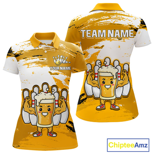 Yellow Funny Beer Bowling Shirts for Women Men Team Bowling Polo&1/4 Zip Bowl League MBL253