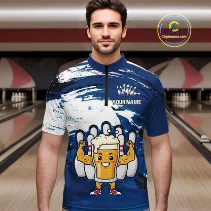 Blue Funny Beer Bowling Shirts for Women Men Team Bowling Polo&1/4 Zip Bowl League MBL253