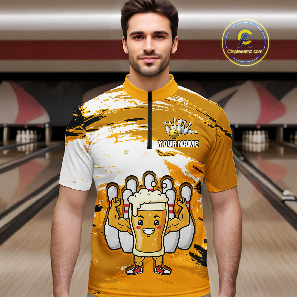 Yellow Funny Beer Bowling Shirts for Women Men Team Bowling Polo&1/4 Zip Bowl League MBL253