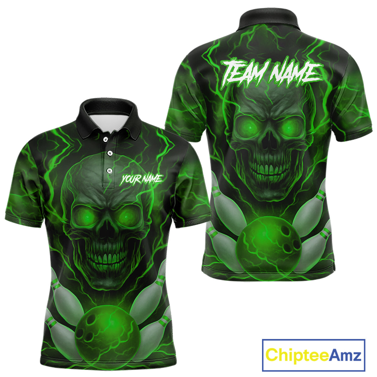 Green Bowling Shirts for Team Women Men Custom Skull Bowling Jerseys for Couples MBL207