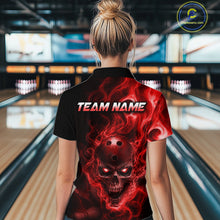 Load image into Gallery viewer, Woman wearing a black bowling quarter zip shirt featuring a flaming skull with glowing red eyes, red smoke effects, and custom “TEAN NAME” text