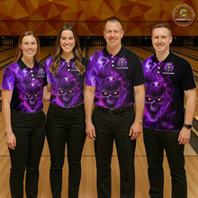 Load image into Gallery viewer, Four people wearing a black bowling polo shirt featuring a flaming skull with glowing orange eyes, purple smoke effects, and custom “YOUR NAME” text