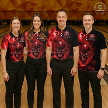 Load image into Gallery viewer, Four people wearing a black bowling polo shirt featuring a flaming skull with glowing red eyes, red smoke effects, and custom “YOUR NAME” text