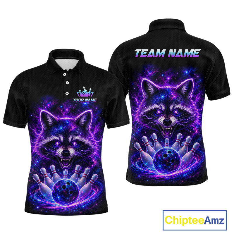 Black short-sleeve polo shirt shown from the front and back, featuring a vivid purple and blue raccoon bowling graphic with lightning effects, bowling pins, and customizable text areas on the chest and upper back. A ChipteeAmz logo appears in the bottom right corner.