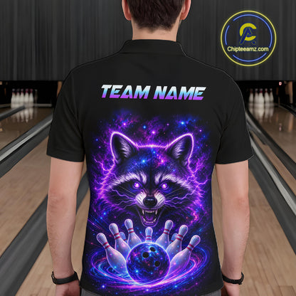 A man viewed from behind wearing a black short-sleeve polo shirt with a large cosmic raccoon graphic on the back. The graphic features a glowing purple and blue raccoon surrounded by lightning and bowling pins, with the text 'TEAM NAME' printed above.
