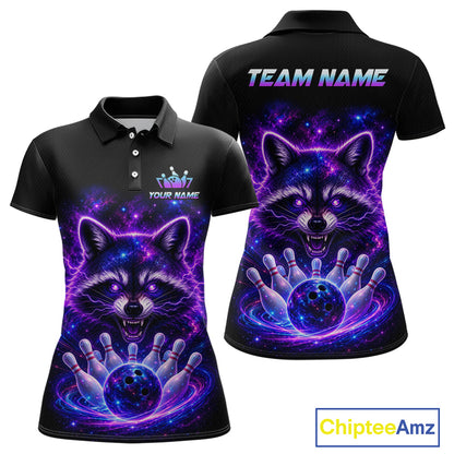 Black short-sleeve polo shirt shown from front and back with a vivid cosmic raccoon graphic in purple, blue, and pink. The front has a small crown logo and the text 'YOUR NAME', while the back has 'TEAM NAME' across the shoulders.
