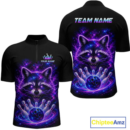 Black short-sleeve bowling-themed quarter-zip shirt shown from front and back on a white background. The front has a raccoon graphic with bowling pins and a bowling ball surrounded by purple neon lightning effects, plus customizable text 'YOUR NAME' and a crown icon.