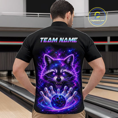 A man viewed from behind wearing a black short-sleeve bowling shirt with a large colorful back graphic of a glowing raccoon and bowling pins, with the text 'TEAM NAME' across the upper back. Bowling lanes are visible in the background, and a 'Chipstreamz.