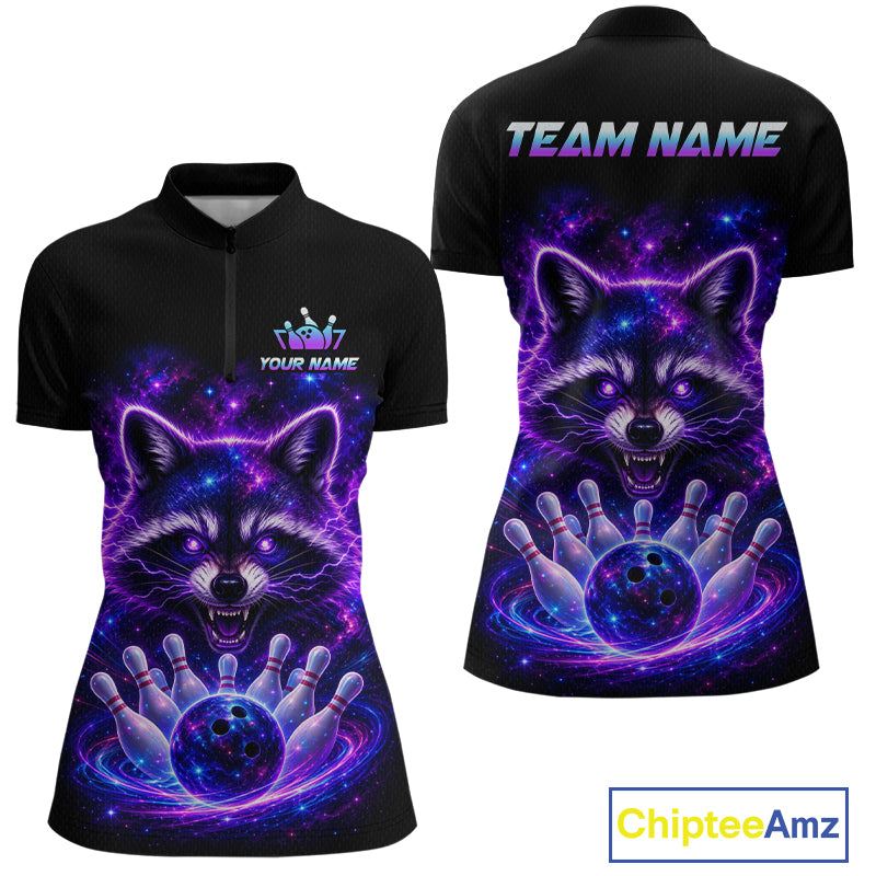 Front and back views of a women's short-sleeve black polo shirt with a vibrant cosmic raccoon bowling graphic in purple, blue, and pink. The front features a mock logo and 'YOUR NAME' text, while the back displays 'TEAM NAME' text.
