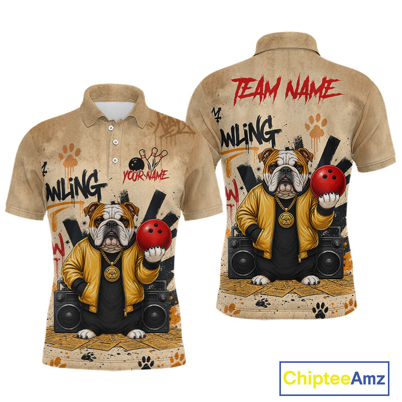 Front and back views of a beige short-sleeve polo shirt featuring a cartoon bulldog wearing a yellow jacket, holding red bowling balls, with bowling pins, speakers, paw prints, and customizable text like 'TEAM NAME' and 'YOUR NAME'.