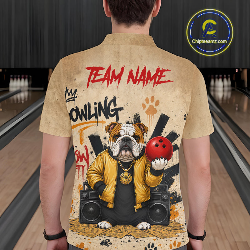 A man viewed from behind wearing a beige short-sleeve button-up shirt with a large graphic print of a bulldog in a yellow jacket holding a red bowling ball, with 'TEAM NAME' and 'HOWLING' text on a bowling alley background.