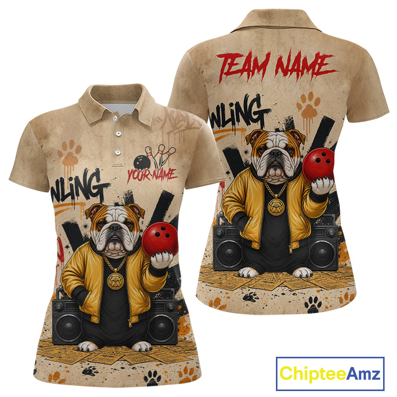 Front and back views of a beige short-sleeve polo shirt featuring a cartoon bulldog wearing a yellow jacket and holding red bowling balls, with 'TEAM NAME' and 'BOWLING' text and paw-print graphics on a white background. A 'ChipteeAmz' logo appears in the bottom right corner.