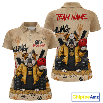 Front and back views of a beige short-sleeve polo shirt featuring a cartoon bulldog wearing a yellow jacket and holding red bowling balls, with 'TEAM NAME' and 'BOWLING' text and paw-print graphics on a white background. A 'ChipteeAmz' logo appears in the bottom right corner.
