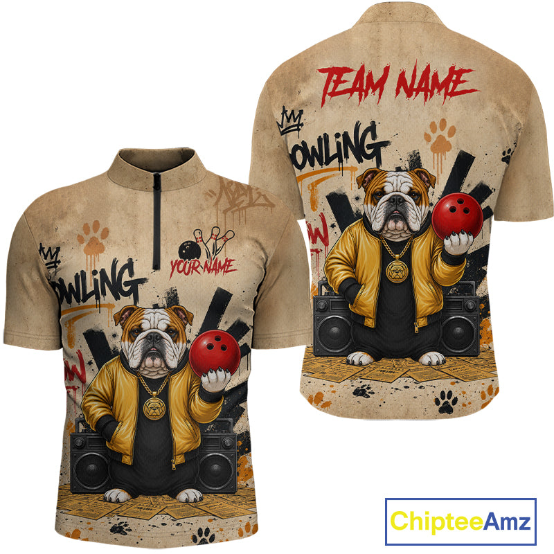 Front and back views of a short-sleeve zip-neck cycling jersey on a white background. The jersey features a cartoon bulldog wearing a yellow jacket and holding red bowling balls, with 'HOWLING' and 'YOUR NAME' text, paw prints, and black graphics on a tan base.