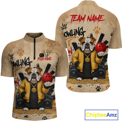 Front and back views of a short-sleeve zip-neck cycling jersey on a white background. The jersey features a cartoon bulldog wearing a yellow jacket and holding red bowling balls, with 'HOWLING' and 'YOUR NAME' text, paw prints, and black graphics on a tan base.