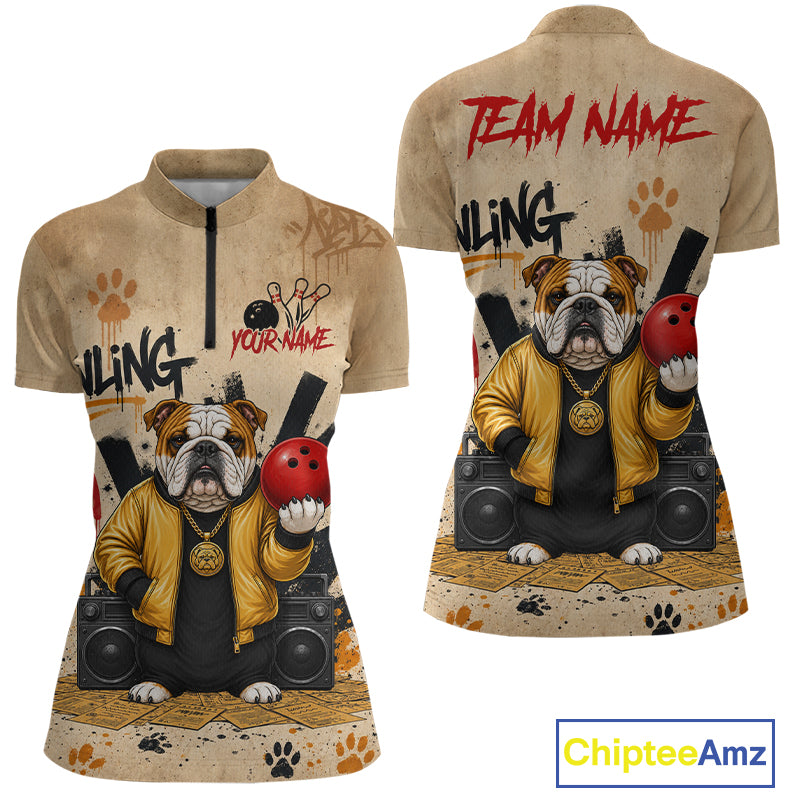Front and back views of a short-sleeve cycling jersey on a white background. The jersey features a graphic of a bulldog wearing a yellow jacket and sitting with boomboxes and a bowling ball, on a distressed tan background with 'ULLING' and 'YOUR NAME' text.