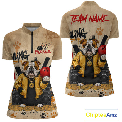 Front and back views of a short-sleeve cycling jersey on a white background. The jersey features a graphic of a bulldog wearing a yellow jacket and sitting with boomboxes and a bowling ball, on a distressed tan background with 'ULLING' and 'YOUR NAME' text.