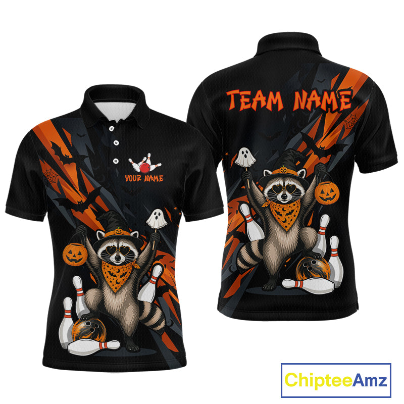 Front and back views of a black Halloween bowling polo featuring a raccoon wearing an orange bandana, ghost and pumpkin accents, bowling pins and ball, with personalized name and team name text.