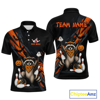 Front and back views of a black Halloween bowling polo featuring a raccoon wearing an orange bandana, ghost and pumpkin accents, bowling pins and ball, with personalized name and team name text.