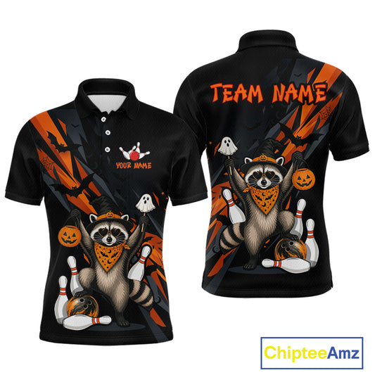 Front and back views of a black Halloween bowling polo featuring a raccoon wearing an orange bandana, ghost and pumpkin accents, bowling pins and ball, with personalized name and team name text.
