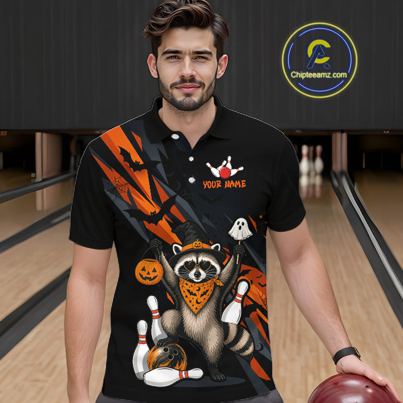 Man wearing a black Halloween bowling polo featuring a raccoon wearing an orange bandana, ghost and pumpkin accents, bowling pins and ball, with personalized name and team name text.