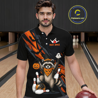 Man wearing a black Halloween bowling polo featuring a raccoon wearing an orange bandana, ghost and pumpkin accents, bowling pins and ball, with personalized name and team name text.