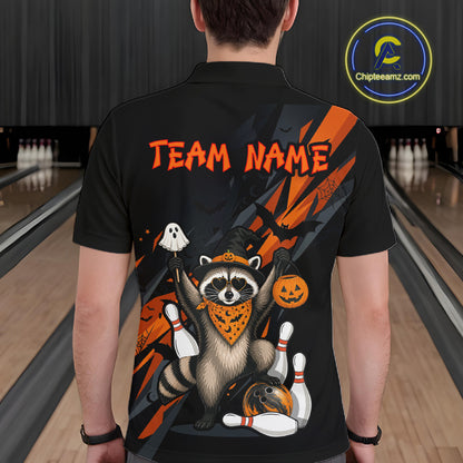 Man wearing a black Halloween bowling polo featuring a raccoon wearing an orange bandana, ghost and pumpkin accents, bowling pins and ball, with personalized name and team name text.