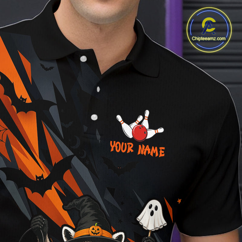 Four people wearing a black Halloween bowling polo featuring orange bandana, ghost and pumpkin accents, bowling pins and ball, with personalized name and team name text.