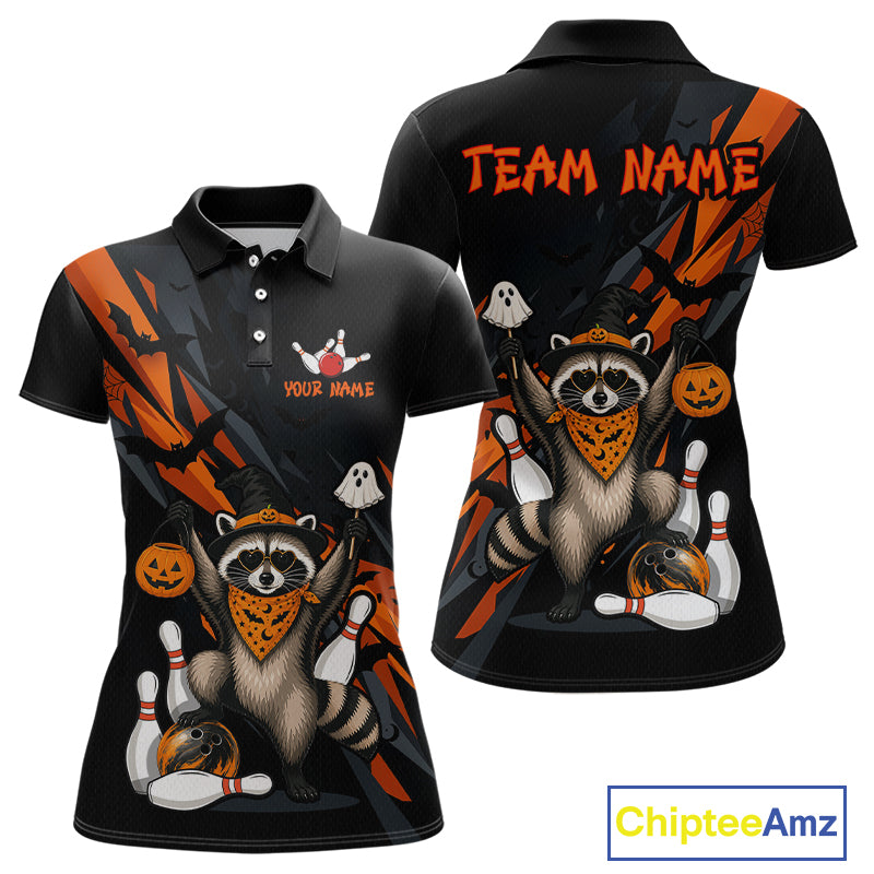 Front and back views of a black Halloween bowling polo featuring a raccoon wearing an orange bandana, ghost and pumpkin accents, bowling pins and ball, with personalized name and team name text.