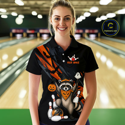 Women wearing a black Halloween bowling polo featuring a raccoon wearing an orange bandana, ghost and pumpkin accents, bowling pins and ball, with personalized name and team name text.