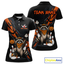 Load image into Gallery viewer, Front and back views of a black Halloween bowling polo featuring a raccoon wearing an orange bandana, ghost and pumpkin accents, bowling pins and ball, with personalized name and team name text.