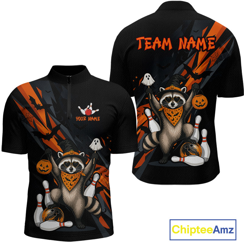 Front and back views of a black Halloween bowling quarter zip featuring a raccoon wearing an orange bandana, ghost and pumpkin accents, bowling pins and ball, with personalized name and team name text.