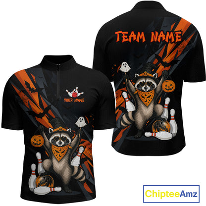 Front and back views of a black Halloween bowling quarter zip featuring a raccoon wearing an orange bandana, ghost and pumpkin accents, bowling pins and ball, with personalized name and team name text.